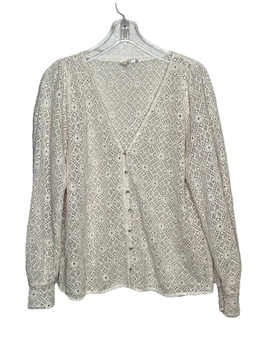 Sezane Lace Blouse Sz 44 (US L) Ivory Crochet Button Front Long Sleeve Parisian